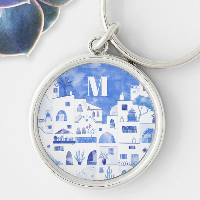 Santorini Greece Watercolor Monogram Key Ring (Monogram initial blue and white watercolor Oia Santorini keyring)