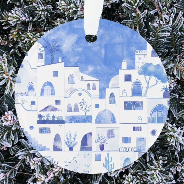 Santorini Greece Watercolor Ornament (Santorini Greece blue and white watercolor art Christmas ornament)