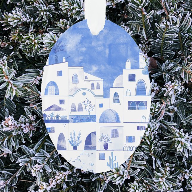Santorini Greece Watercolor Ornament (Santorini blue and white watercolor art Christmas ornament)