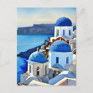 Santorini Greece Watercolor Painting Postcard