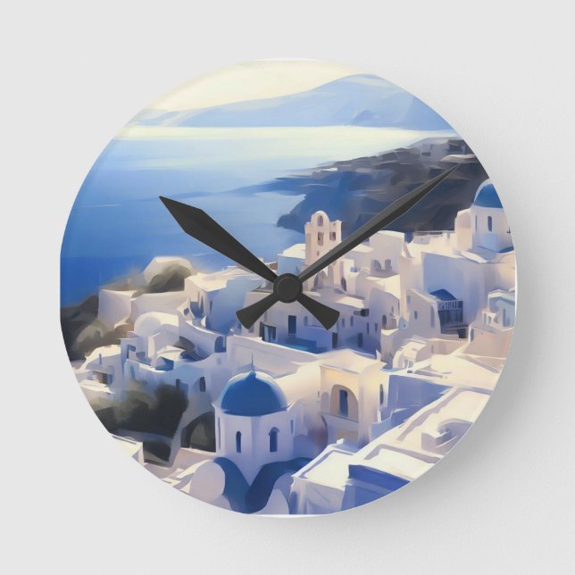 Santorini Greece Watercolor Painting Round Clock (Front)