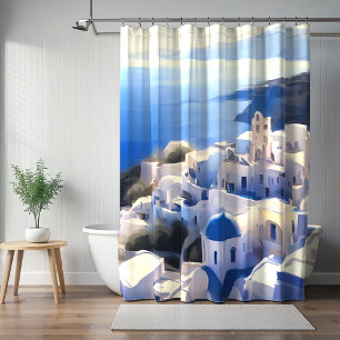 Santorini Greece Watercolor Painting Shower Curtain