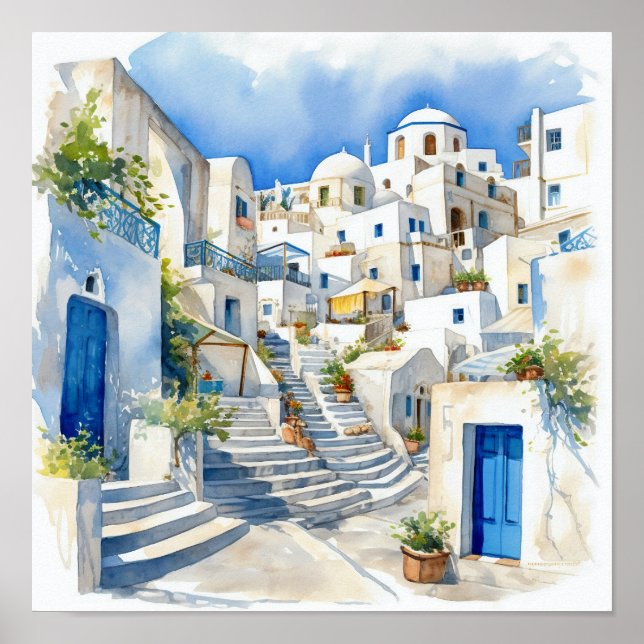 Santorini Greece Watercolor Painting Square Poster (Front)