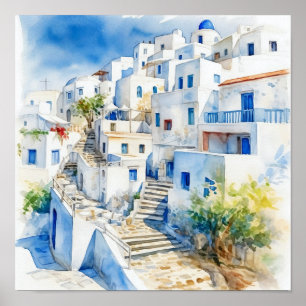 Santorini Greece Watercolor Painting Square Poster