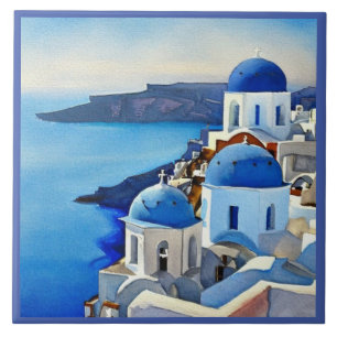 Santorini Greece Watercolor Painting Tile