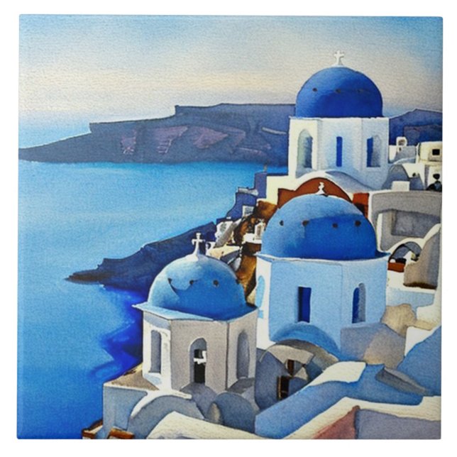Santorini Greece Watercolor Painting Tile (Front)