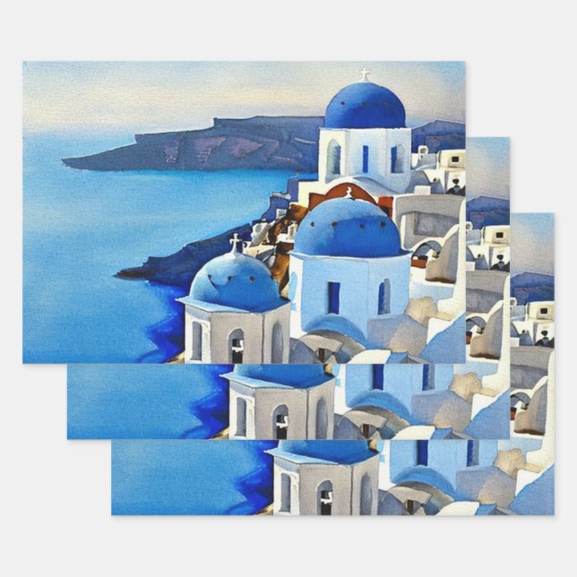 Santorini Greece Watercolor Painting Wrapping Paper Sheet (Set)