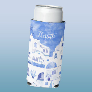 Santorini Greece Watercolor Personalised Seltzer Can Cooler