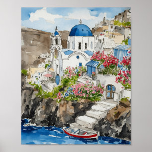 Santorini Greece Watercolor Poster