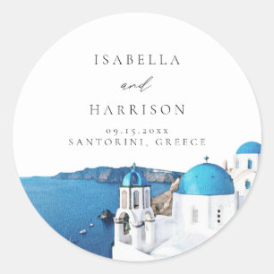 SANTORINI GREECE Watercolor Skyline Destination Classic Round Sticker