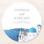 SANTORINI GREECE Watercolor Skyline Destination Round Paper Coaster<br><div class="desc">The Santorini Collection feature watercolor paintings of the Santorini coastline with a classic elegant font combination. This collection is perfect for your travel or destination themed event.</div>