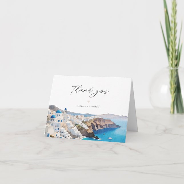 SANTORINI GREECE Watercolor Skyline Destination Thank You Card (Front)