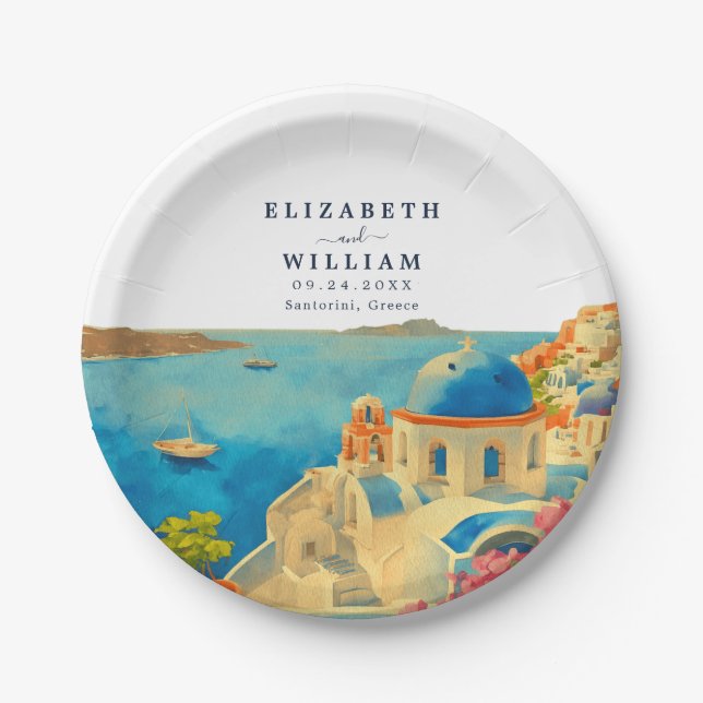 Santorini Greece Watercolor Skyline Wedding Paper Plate (Front)