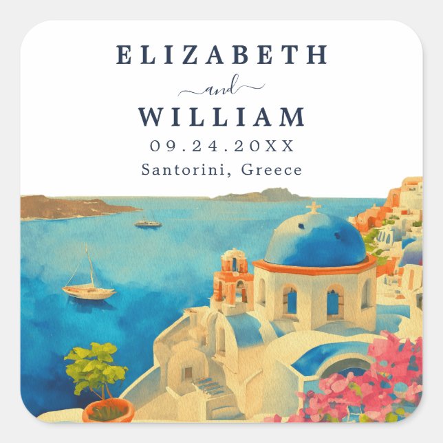 Santorini Greece Watercolor Skyline Wedding Square Sticker (Front)