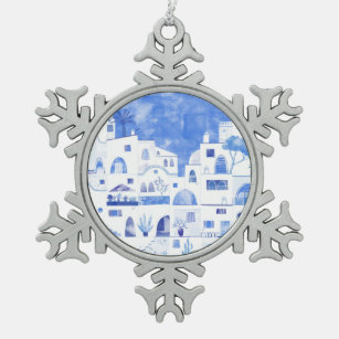 Santorini Greece Watercolor Snowflake Pewter Christmas Ornament
