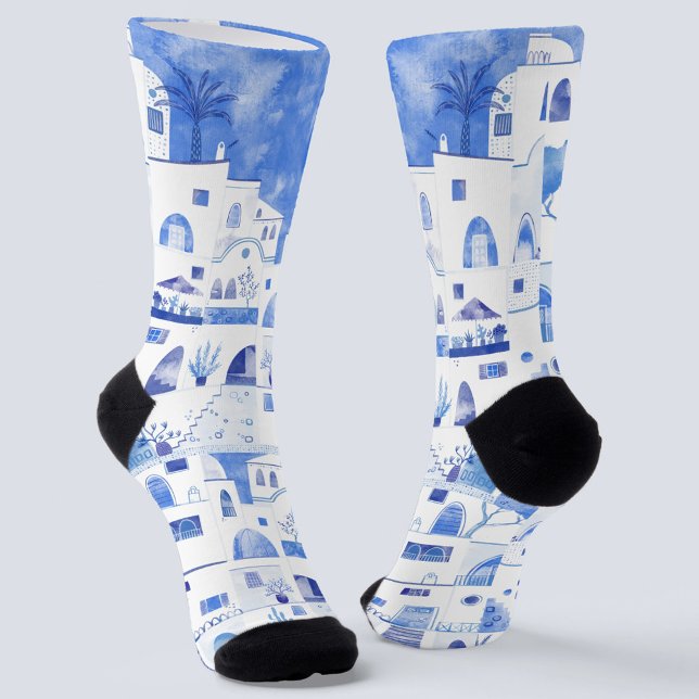 Santorini Greece Watercolor Socks (Creator Uploaded)