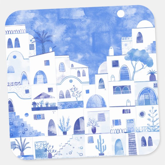 Santorini Greece Watercolor Square Sticker (Santorini watercolor sticker)