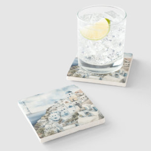 Santorini Greece Watercolor Stone Coaster