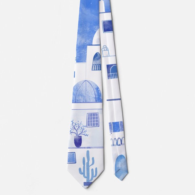 Santorini Greece Watercolor Tie (Watercolor blue and white Santorini Greece art neck tie)