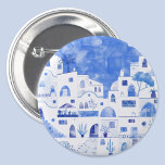 Santorini Greece Watercolor Townscape 7.5 Cm Round Badge<br><div class="desc">A watercolor townscape painting of the beautiful Greek island of Santorini in blue and white.</div>