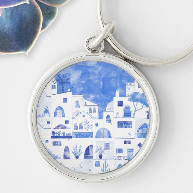 Santorini Greece Watercolor Townscape Key Ring (Santorini Oia watercolor painting art key ring)