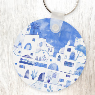 Santorini Greece Watercolor Townscape Key Ring