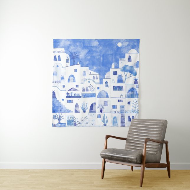 Santorini Greece Watercolor Townscape Tapestry (In Situ)