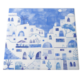 Santorini Greece Watercolor Townscape Tile