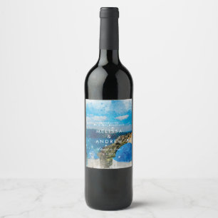 Santorini Greece watercolour wedding wine bottle Label