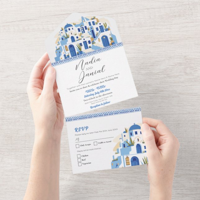 Santorini Greece Wedding Greek Invite & RSVP (Tearaway)
