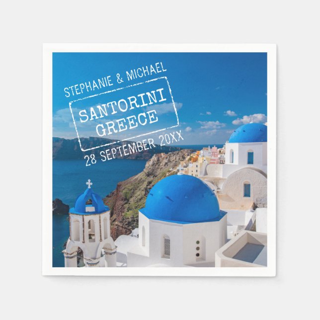 Santorini Greece Wedding Passport Stamp Napkin (Front)
