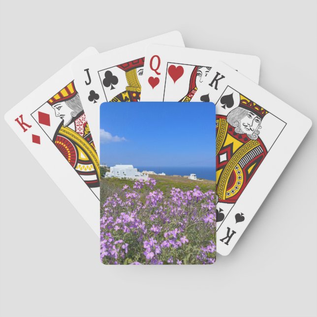 Santorini Greece White Building Purple Wild Flower Playing Cards (Back)