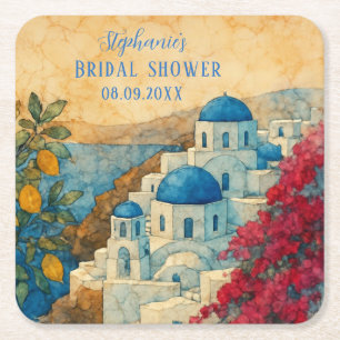 Santorini Greek Citrus Mediterranean Bridal shower Square Paper Coaster