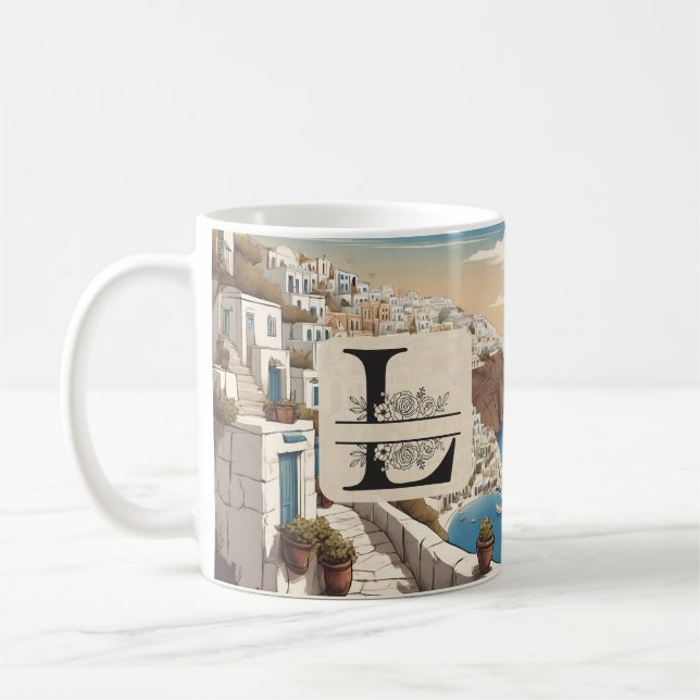 Santorini greek greece island monogram travel blue coffee mug (Left)