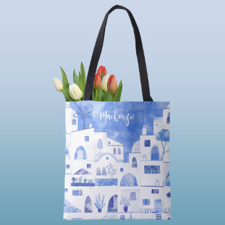 Santorini Greek Island Personalised Watercolor Tote Bag