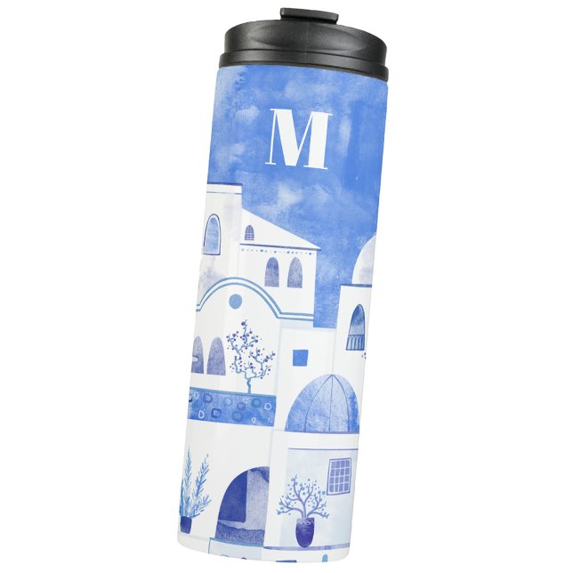 Santorini Greek Island Watercolor Monogram Thermal Tumbler (Monogram initial Oia Santorini blue and white watercolor thermal tumbler)