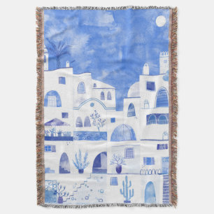 Santorini Greek Island Watercolor Throw Blanket