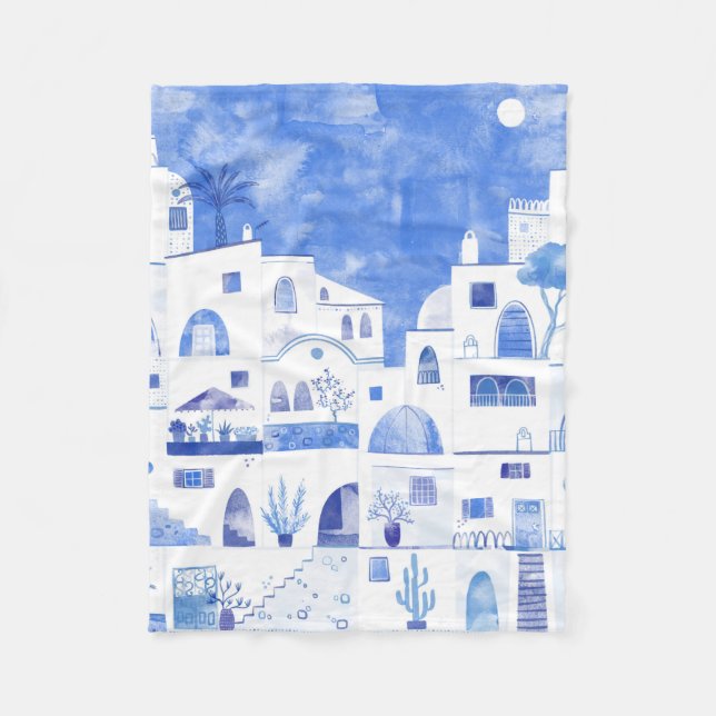 Santorini Greek Island Watercolor Townscape Fleece Blanket (Front)