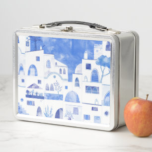 Santorini Greek Island Watercolor Townscape Metal Lunch Box