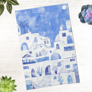 Santorini Greek Island Watercolor Townscape Tea Towel