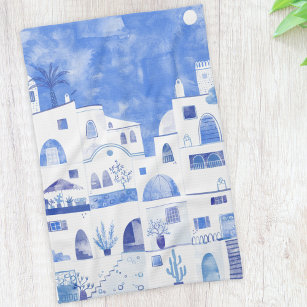 Santorini Greek Island Watercolor Townscape Tea Towel