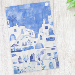 Santorini Greek Island Watercolor Townscape Tea Towel