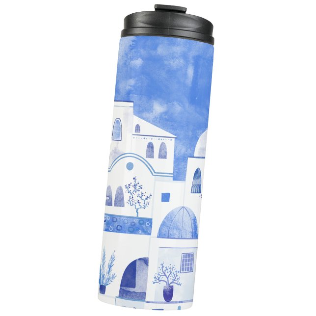 Santorini Greek Island Watercolor Townscape Thermal Tumbler (Blue and white Oia Santorini watercolor thermal tumbler water bottle)