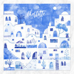Santorini Greek Watercolor Personalised Poster<br><div class="desc">Watercolor blue and white townscape painting based on Oia on the Greek island of Santorini.  Original art by Nic Squirrell. Change the name to personalise.</div>