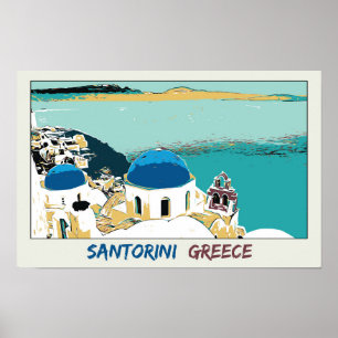Santorini illustration, Greece Postcard Poster