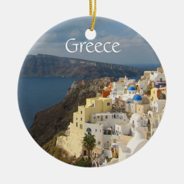 Santorini in the Afternoon Sun Ceramic Tree Decoration (Front)