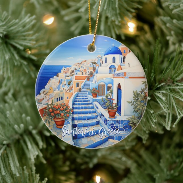 Santorini Island Illustration | Travel Art Ceramic Tree Decoration (Tree)