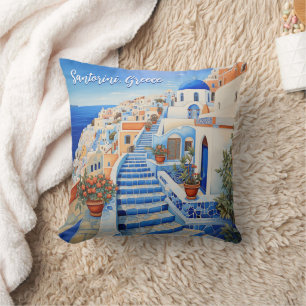 Santorini Island Illustration   Travel Art Cushion