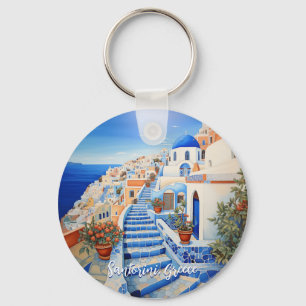 Santorini Island Illustration Travel Art Key Ring