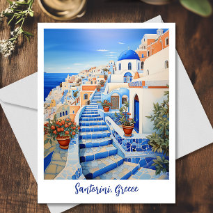 Santorini Island Illustration   Travel Art Postcard